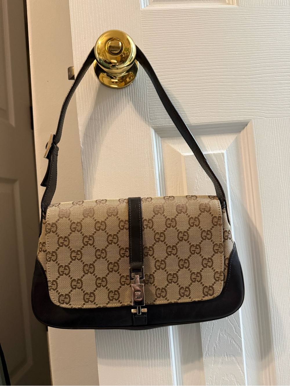 Gucci Jackie Beige GG Canvas and Brown Leather Shoulder Bag